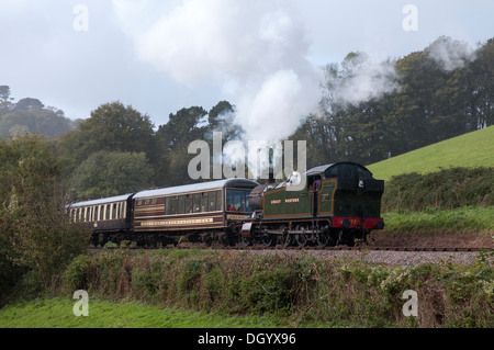 steam train near greenway halt,devon, railway, attraction, rail, engine, tourist, station, vintage, locomotive, nostalgic Stock Photo