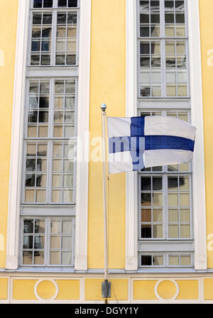 National flag of Finland flying in the wind, Finland, Europe Stock Photo