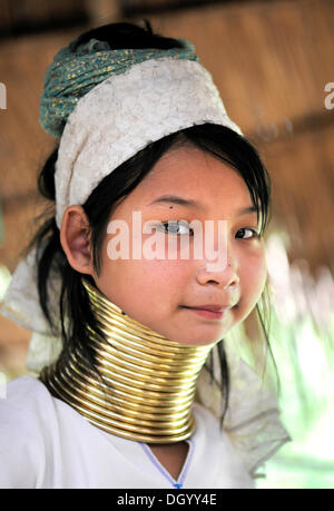 young karen woman wearing brass neck rings chiang rai thailand asia dgyy4e