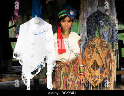 Young Karen woman wearing brass neck rings, Chiang Rai, Thailand, Asia Stock Photo