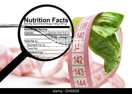 Nutrition facts on magnifying glass with lettuce Stock Photo