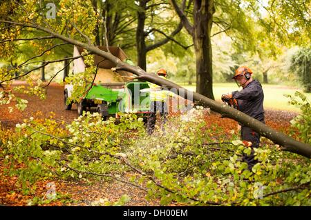 Bristol, UK 28th Oct 2013. Workers clear large fallen branches from a footpath in Clifton, Bristol following storms overnight and this morning. Gusts up to 99mph were recorded in the UK as the southern half of the country was hit by heavy storm weather. The Storm, called St Jude, brought the windiest weather to hit the UK since 1987. Credit:  Adam Gasson/Ģ����ý Live News Stock Photo