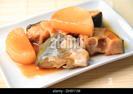 Yellowtail simmered with daikon Stock Photo