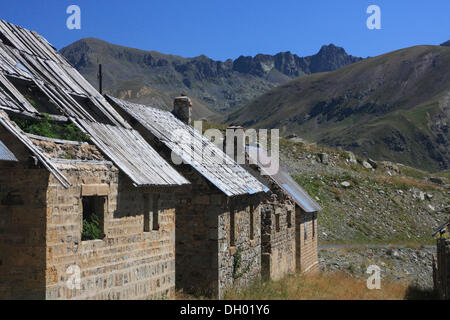 Camp of Fourches, ruins of military barracks on the road to the Col de la Bonette mountain pass, highest paved road in Europe Stock Photo