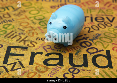 Fraud text on grunge paper with piggy bank Stock Photo
