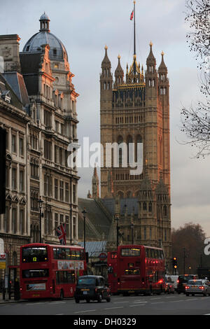 Victoria Tower, Houses of Parliament seen from Parliament Street, City of Westminster, London, London region, England Stock Photo