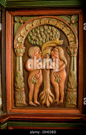 Adam and Eve on a wooden relief in the Seamen's Church in Arnis, district of Schleswig-Flensburg, Schleswig-Holstein Stock Photo