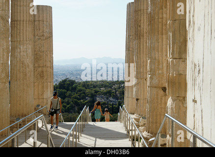 View over west Athens from the entrance pillars to the Acropolis of Athens Stock Photo
