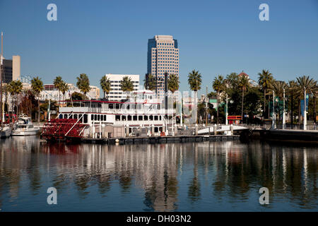 Paddle steamer 'Grand Romance' in the harbour, with the Shoreline Aquatic Park, Long Beach, Los Angeles County, California Stock Photo