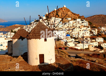 The Windmills overlooking Chora town, Ios Cylcades Islands, Greece, Europe Stock Photo