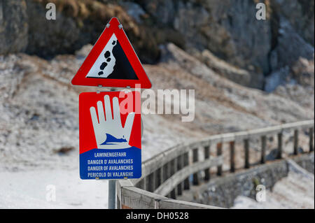 Warning signs, rockfall, avalanche danger, Achensee Lake, Tyrol, Austria, Europe Stock Photo