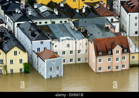 Flooded houses in the historic town centre alongside the Danube River during the floods on 3rd June 2013, Passau, Lower Bavaria Stock Photo