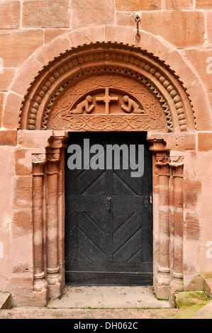 Medieval sandstone relief above the entrance door to the chapel, inner courtyard, former Hohenstaufen moated castle, 12th Stock Photo