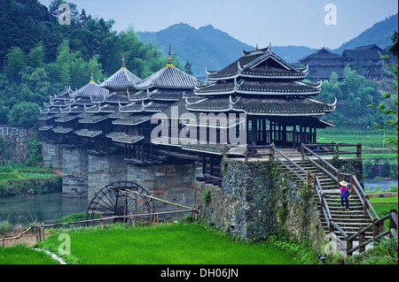 Chengyang Wind and Rain Bridge , surrounded by Dong Villages, Sanjiang Dong Minority Autonomous County, Guangxi Province, China Stock Photo