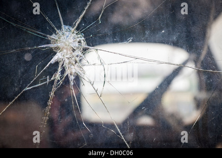Abstract Cracked Window Glass on Antique Truck with Selective Focus. Stock Photo
