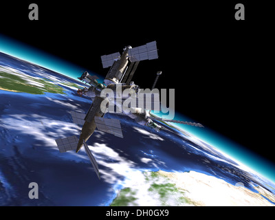 Mir Russian Space Station, in orbit on the earth, with close up view. Stock Photo