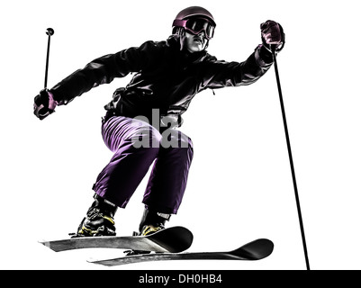 one  woman skier skiing jumping in silhouette on white background Stock Photo