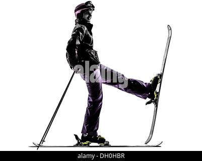 one  woman skier skiing in silhouette on white background Stock Photo