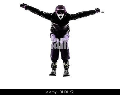 one  woman skier skiing jumping shouting in silhouette on white background Stock Photo
