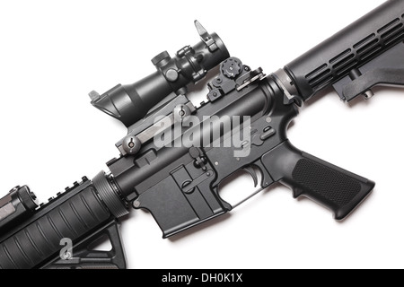 The Black Rifle. Body of AR-15 carbine on white close-up. Studio shot. Stock Photo