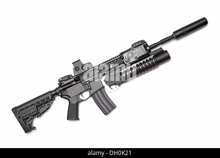 AR-15 (M4A1) carbine with holographic sight, M203 grenade launcher and sound suppressor. Isolated on white Stock Photo