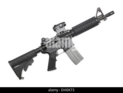 M4A1 CQBR, Mk18 Mod.0 tactical carbine with micro (red dot) sight. Isolated on white Stock Photo