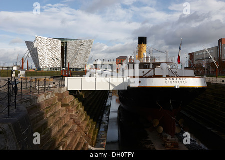 ss nomadic visitor attraction and titanic belfast centre titanic quarter Belfast Northern Ireland Stock Photo