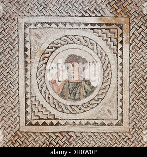 Ktisis mosaic in the House of Eustolios, archaeological excavation site of the ancient city of Kourion, South Cyprus Stock Photo