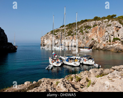Yachts moored in the bay of Cales Coves, South Menorca, Menorca Island, Balearic Islands, Spain, Southern Europe