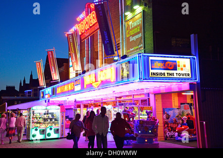 Tower Cinema & Amusement arcade at dusk, Lumley Road, Skegness, Lincolnshire, England, United Kingdom Stock Photo