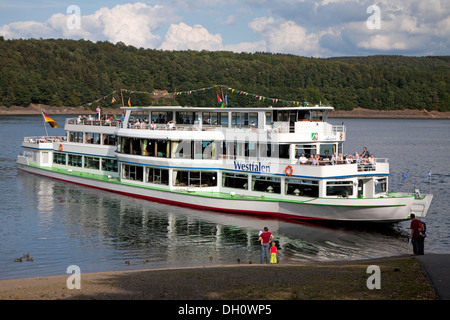 Cruise ship MS Westphalia at the pier on Lake Bigge, Sauerland, North Rhine-Westphalia, PublicGround Stock Photo