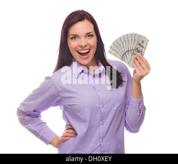 Excited Mixed Race Woman Holding the Newly Designed United States One Hundred Dollar Bills Isolated on a White Background. Stock Photo