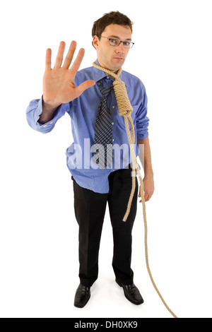 Sorrow businessman's with gallow rope last wave to the world before a difficult step in his life Stock Photo