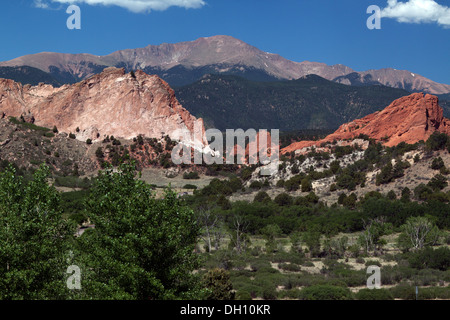 Garden of the Gods park with Pikes Peak in the background. Gray Rock to left and South Gateway Rock to right. Stock Photo