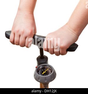 pumping by manual air pump with pressure indicator isolated on white background Stock Photo