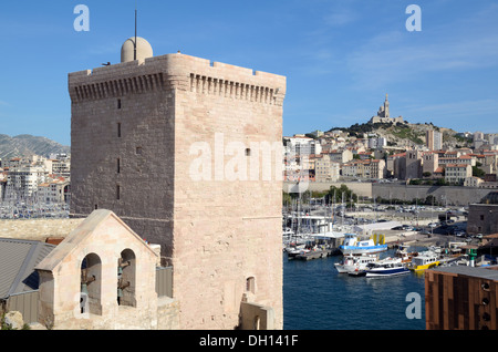 Lookout Tower, Stone Tower or Keep of Fort Saint Jean, City Skyline & View of Vieux Port Marseille Provence France Stock Photo