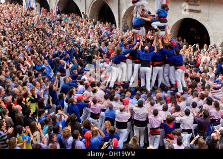 Capgrossos de Mataró.'Castellers' building human tower.Fires i festes de Sant Narcis.Plaça del Vi.Girona.Spain Stock Photo