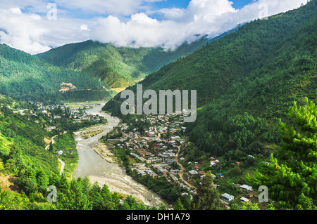 Dirang town deep in the valley of the Kameng river and surrounded by high mountains in western Arunachal Pradesh, India. Stock Photo