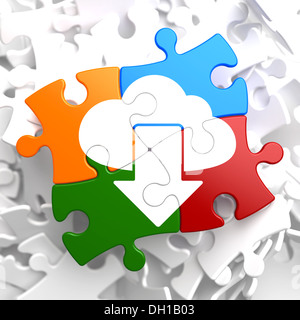 Cloud with Arrow Icon on Multicolor Puzzle. Stock Photo