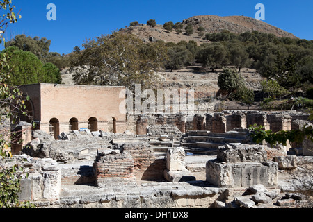 View on the ancient Amphitheater containing the Gortyn code, in the Valley of Messara, near Heraklion region, Crete, Greece. Stock Photo