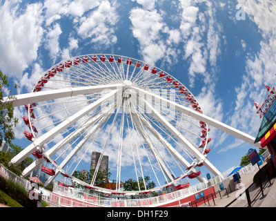 A fisheye view of the excellent Navy Pier Ferris Wheel at Pier Park in Navy Pier, Chicago, Illinois, United States of America. Stock Photo