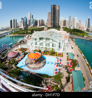 A spectacular, fisheye view of Navy Pier and the Chicago skyline as seen from the top of the Navy Pier Ferris wheel. Stock Photo