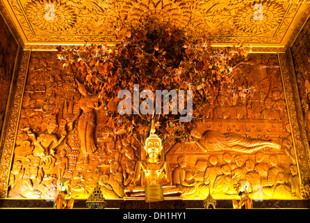 Traditional Thai style wood carving in Thai temple ,Generality in Thailand, any kind of art decorated in Buddhist church etc. Stock Photo