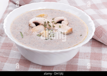 Mushrooms cream soup with agaric, closeup on towel Stock Photo