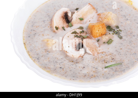 Mushrooms cream soup with agaric, closeup on white background Stock Photo