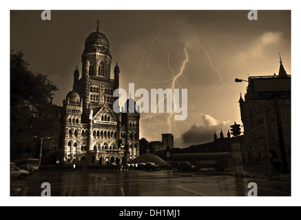 BMC Bombay Municipal Corporation building lightning VT Victoria Terminus CST Bombay Mumbai Maharashtra India Asia Stock Photo