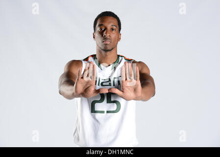 Coral Gables, FL, USA. 10th Oct, 2013. Garrius Adams #25 of the Miami Hurricanes poses during photo day at the Bank United Center in Coral Gables, FL. © csm/Alamy Live News Stock Photo