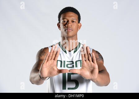 Coral Gables, FL, USA. 10th Oct, 2013. Rion Brown #15 of the Miami Hurricanes poses during photo day at the Bank United Center in Coral Gables, FL. © csm/Alamy Live News Stock Photo