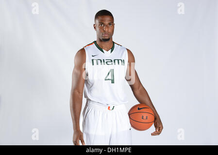 Coral Gables, FL, USA. 10th Oct, 2013. Raphael Akpejiori #4 of the Miami Hurricanes poses during photo day at the Bank United Center in Coral Gables, FL. © csm/Alamy Live News Stock Photo