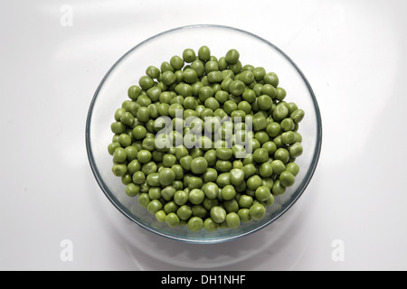 fresh green peas in glass bowl on white background Stock Photo